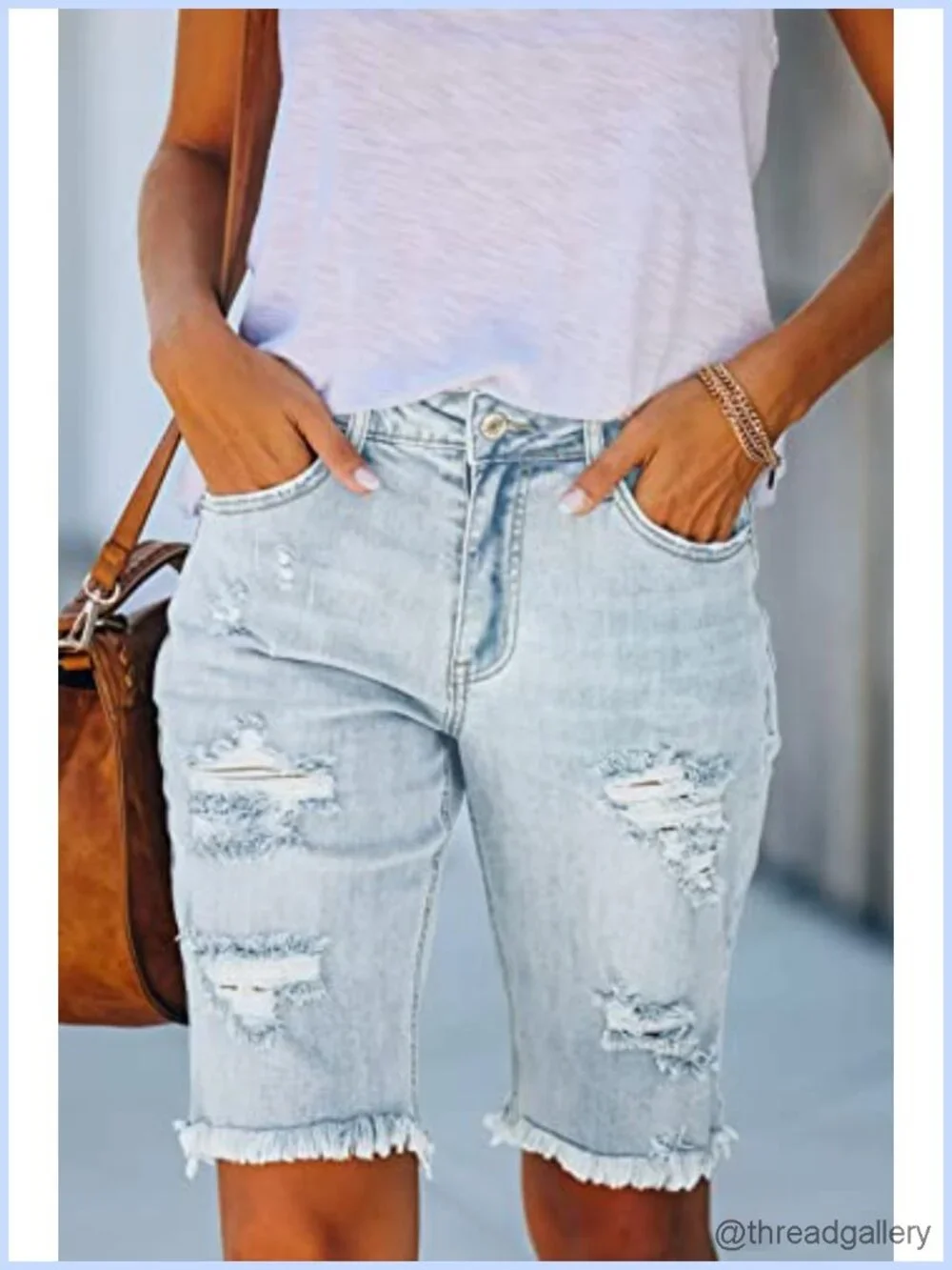 Women's Ripped Mid-Rise Stretchy Denim Bermuda Shorts 10